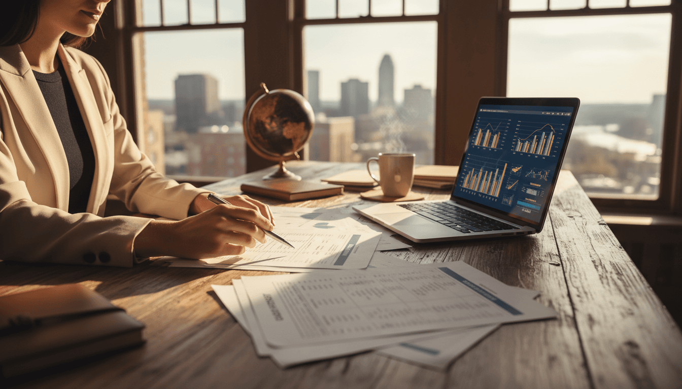 Business professional reviewing international trade documents at desk