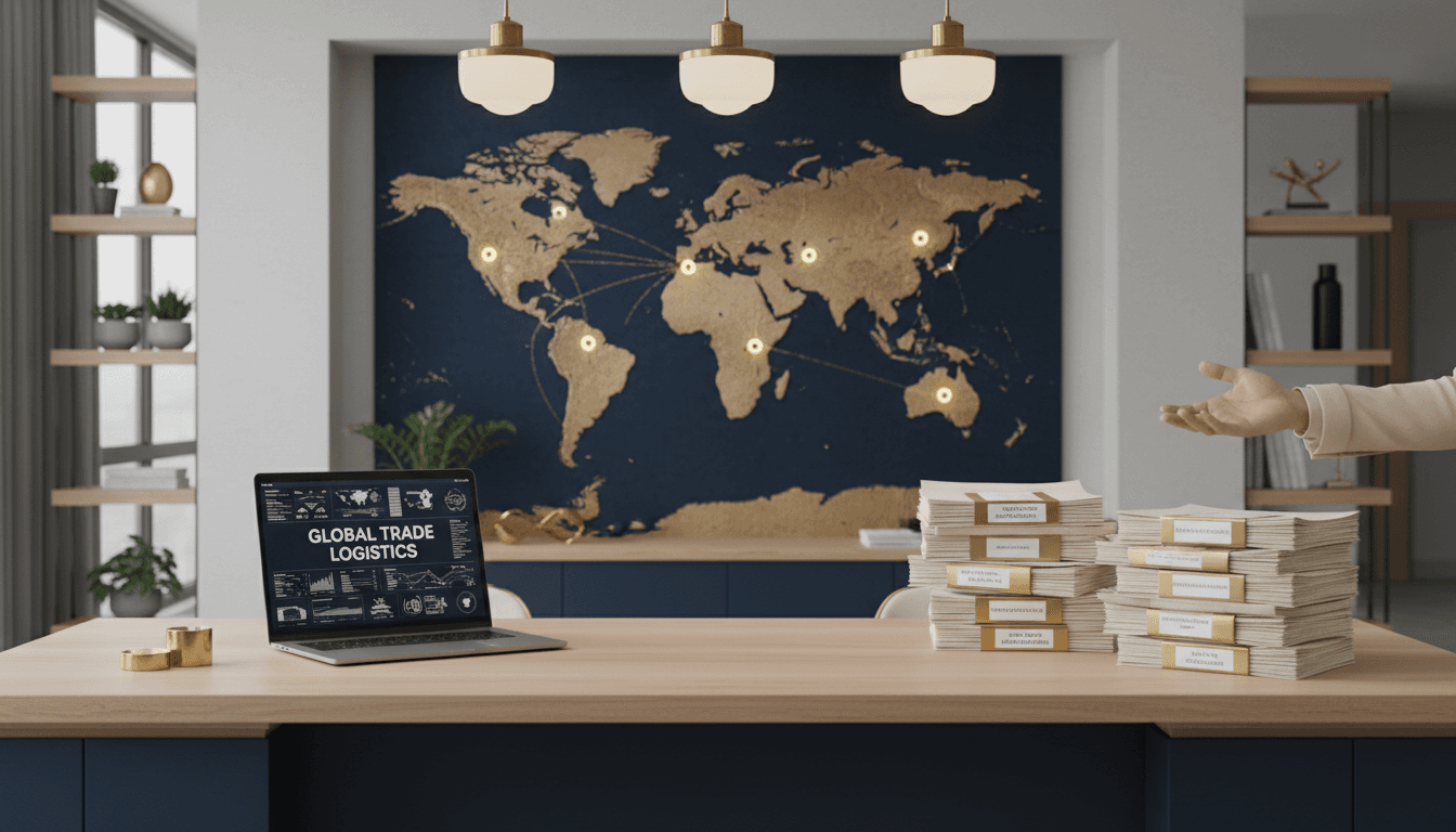 Trade professional reviewing global business logistics and shipping documentation