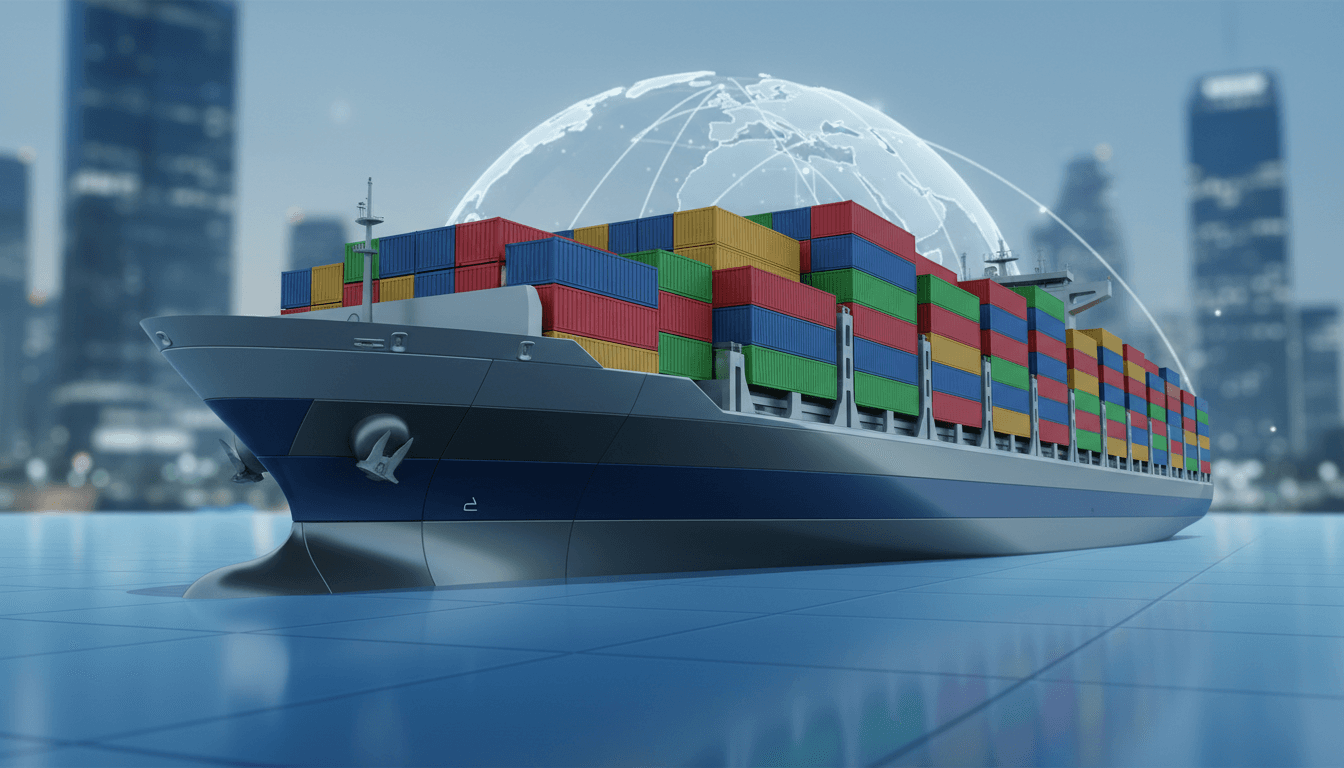 Cargo ship sailing on globe with modern business background.