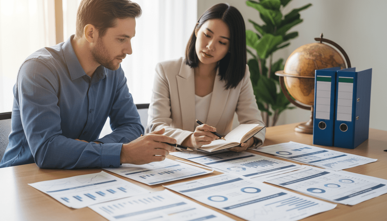 Trade professionals reviewing international trade documents together