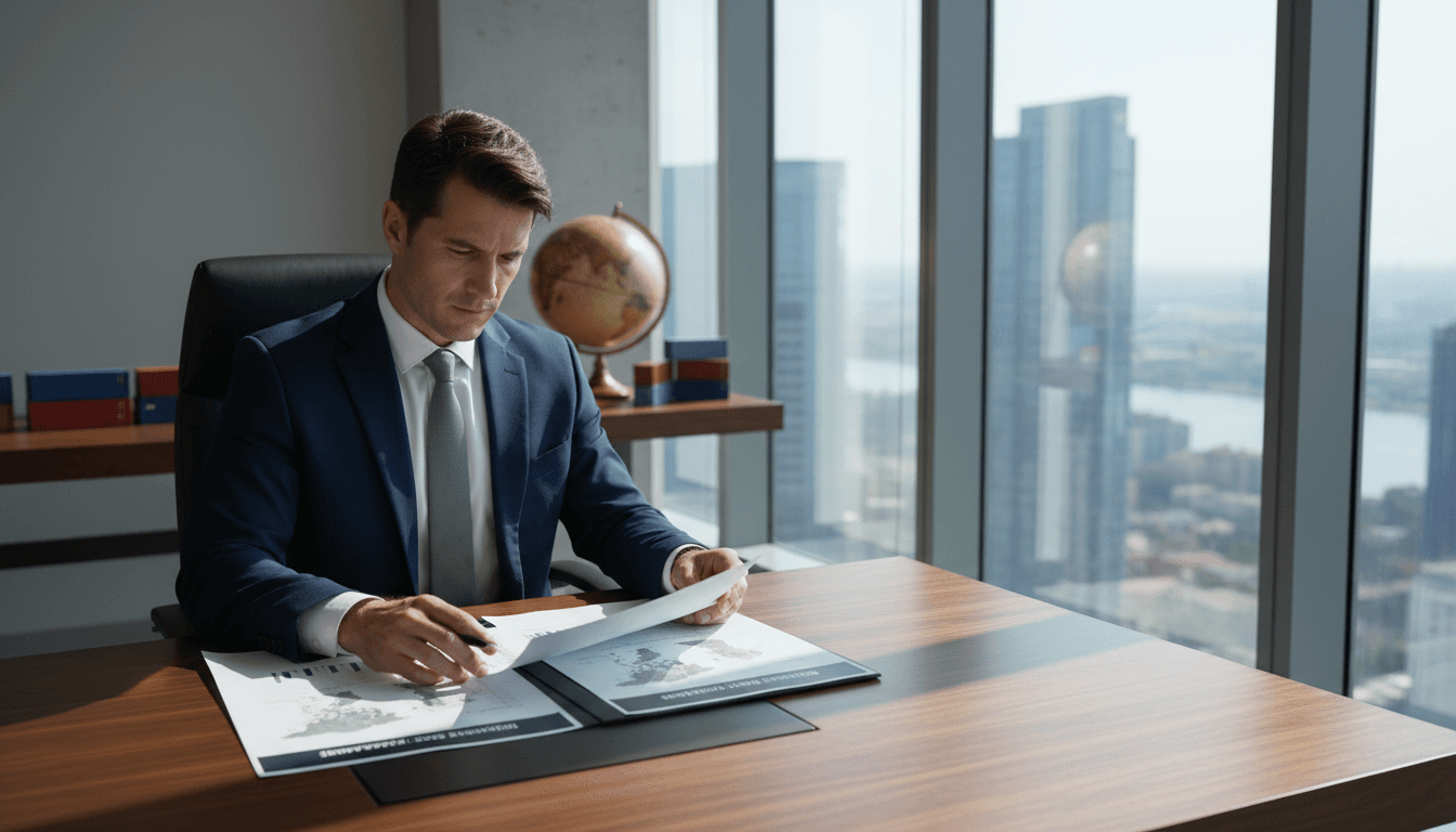 Business professional reviewing international trade documents at a desk with city skyline in background
